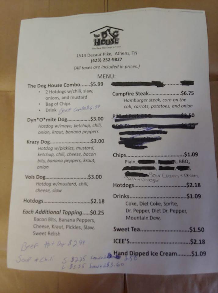 Menu at The Dog House restaurant, Athens, Decatur Pike