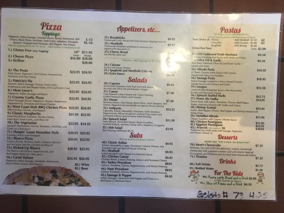 Menu at A Carini's Pizza & Pasta pizzeria, Murrieta, Madison Ave #105