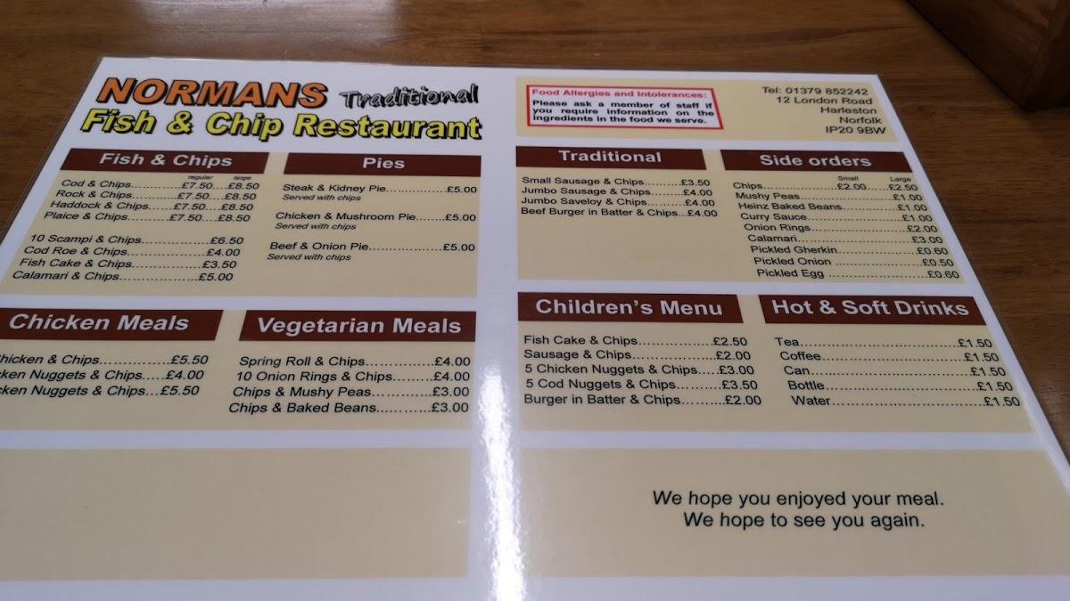 Menu at Normans Fish & Chips restaurant, Harleston