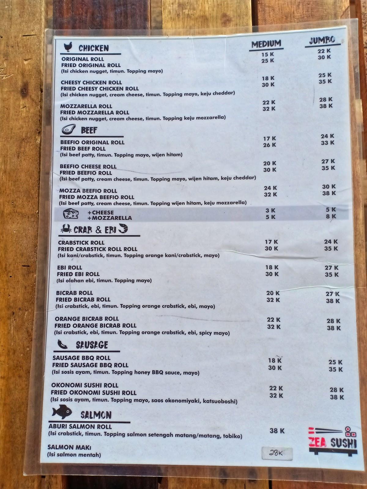 Menu at Zea Sushi restaurant, Samarinda, SPBU