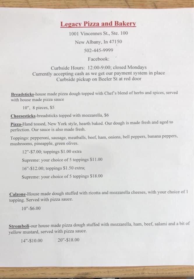 Menu at Legacy Pizza & Bakery, New Albany