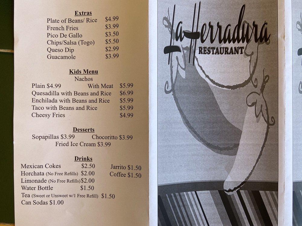 Menu at La Herradura restaurant, Dumas