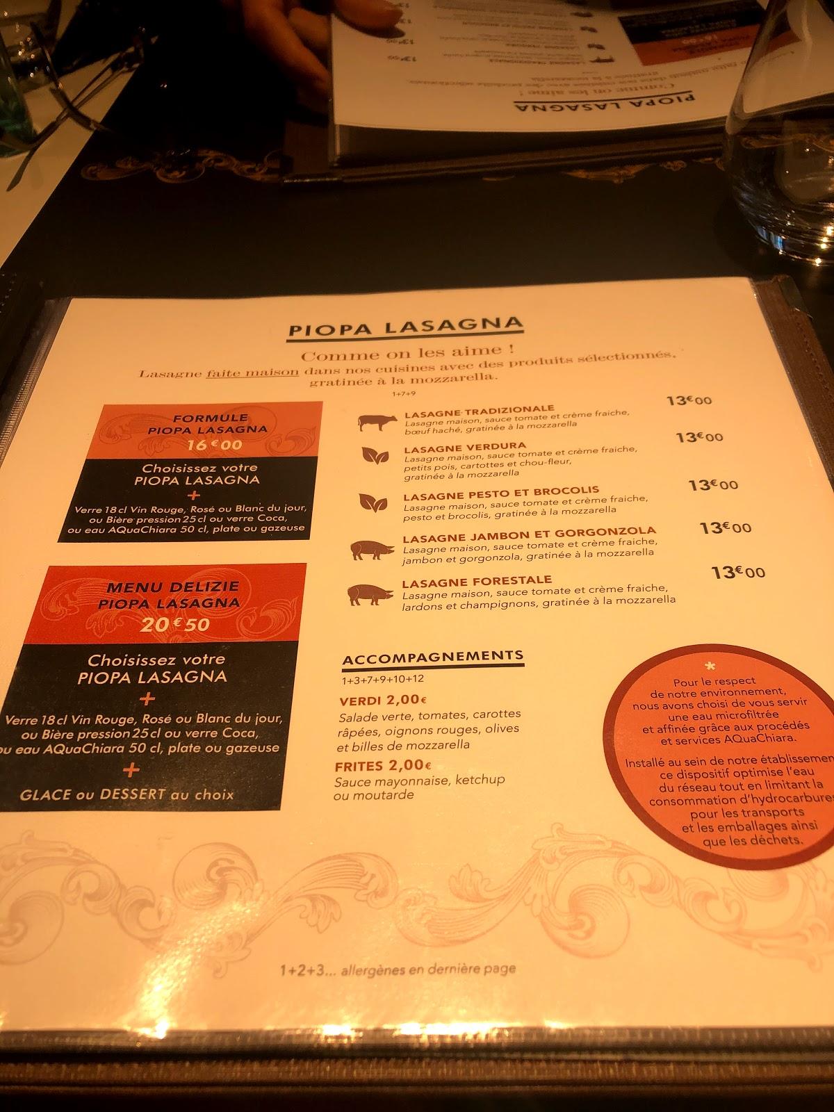 Menu at Piopa Lasagna Restaurant, Metz