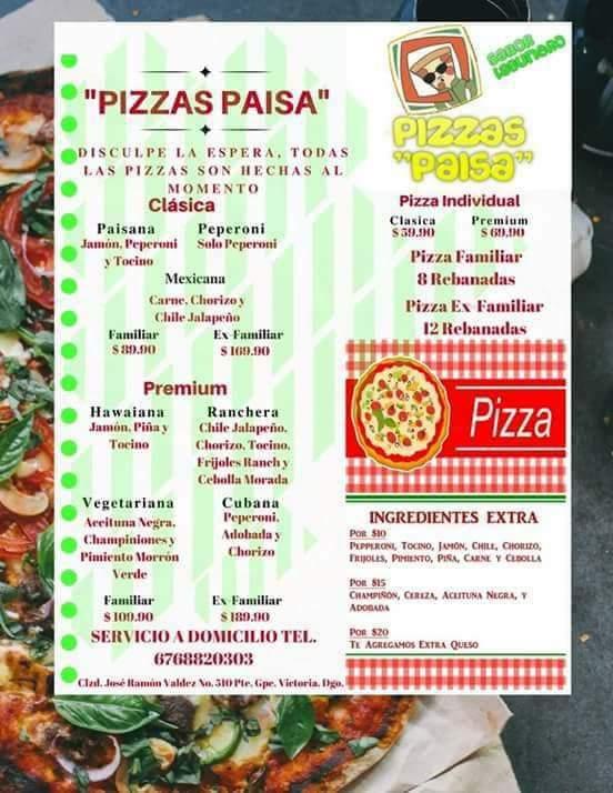 Menu at Pizzas Paisa restaurant, Ciudad Juárez