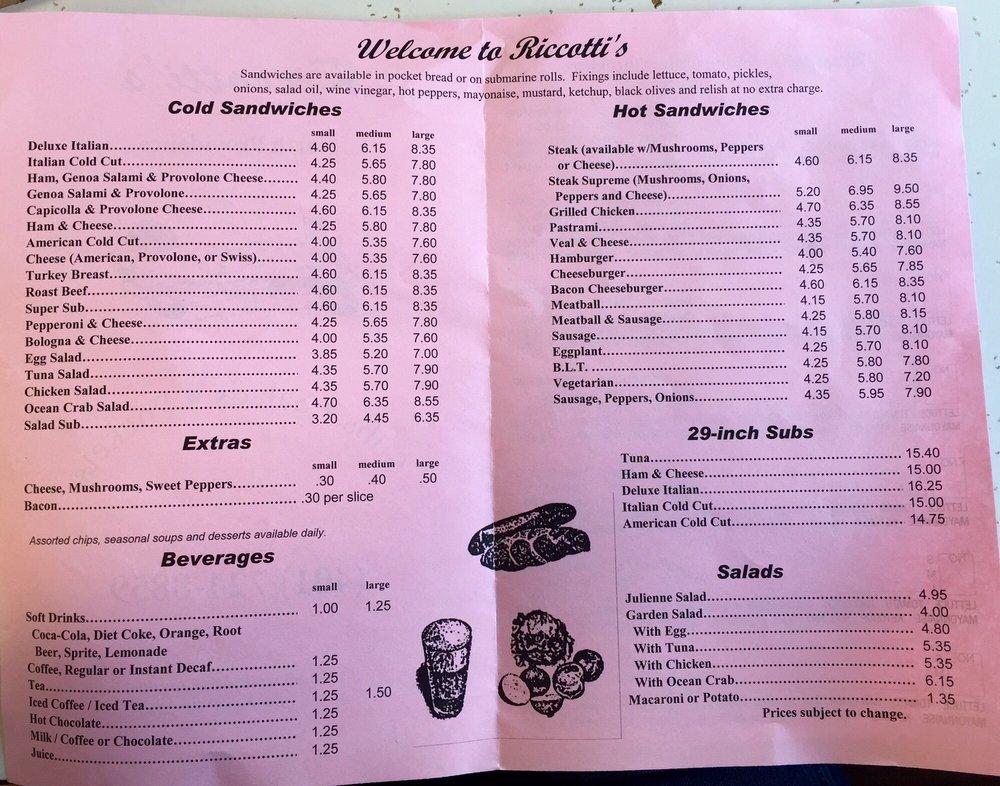 Menu at Riccotti's Submarine Sandwiches restaurant, North Providence