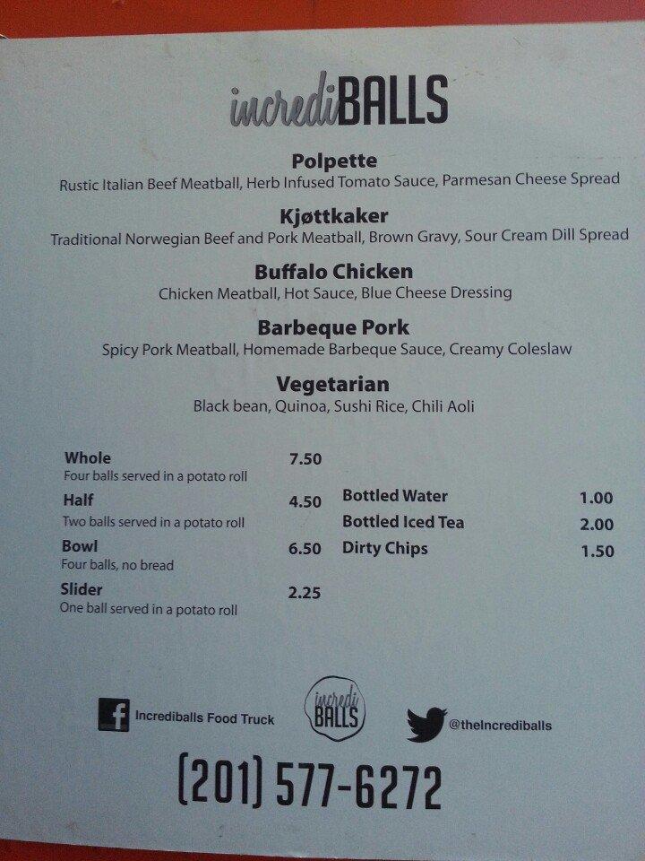 Menu at incrediBalls, Jersey City