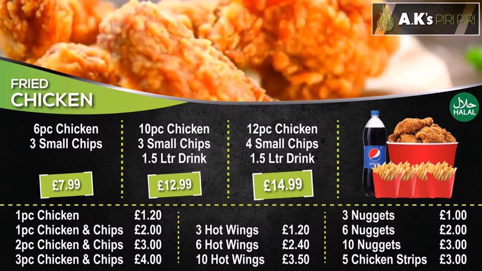Menu at A.K's Piri Piri restaurant, Luton