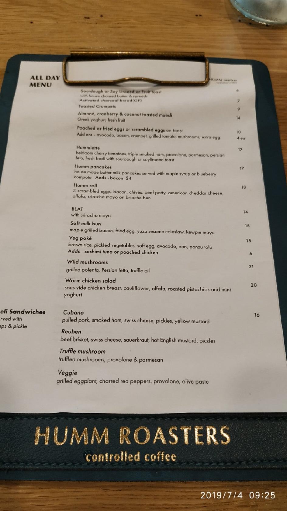 Menu at HUMM Coffee Roasters cafe, North Sydney