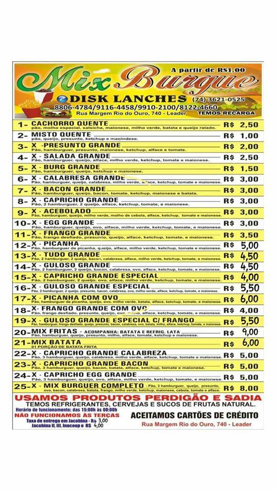 Mix Burguer cardápio