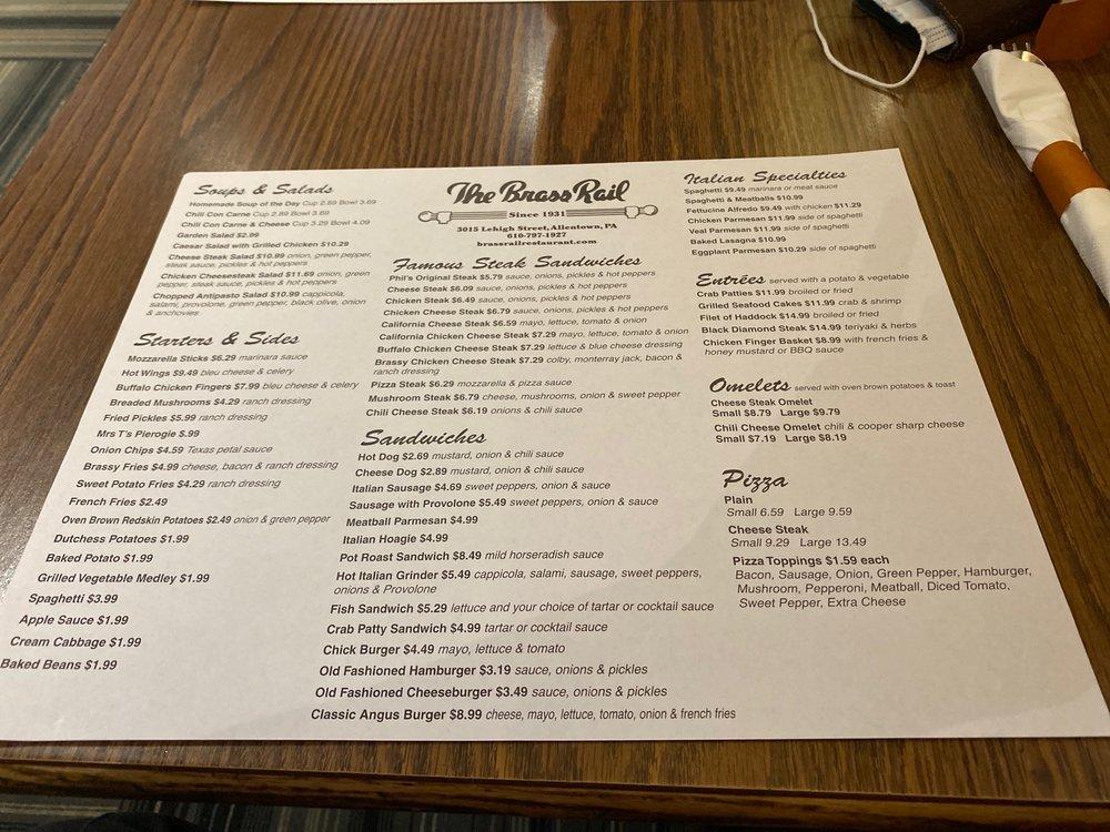 Menu at The Brass Rail restaurant, Allentown