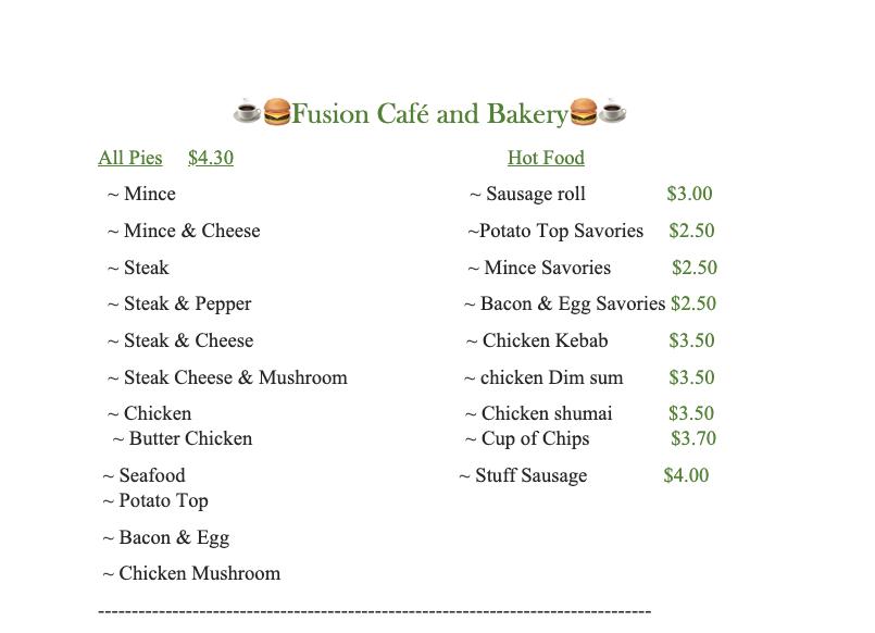 Menu at Fusion Cafe, Ashhurst