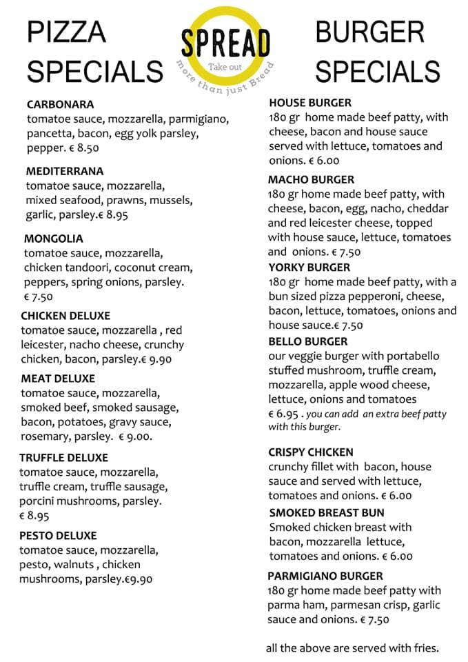 Menu at Spread Take Out restaurant, Żejtun