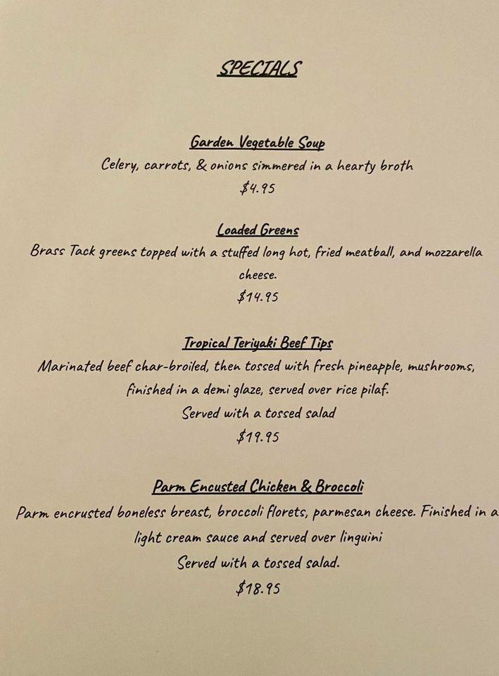 Menu at The Brass Tack restaurant, Frankfort