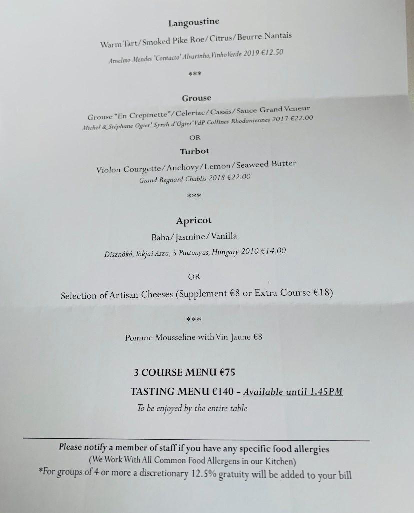 Menu at The Greenhouse restaurant, Dublin