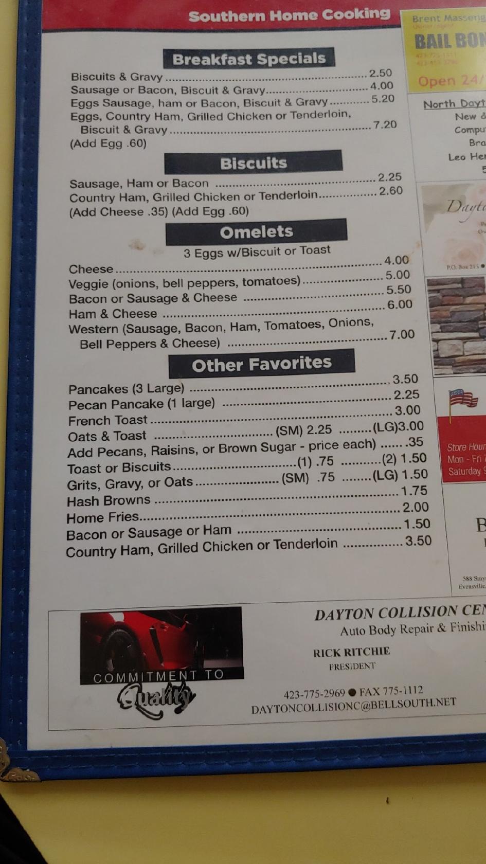 Menu at Dayton Coffee Shop restaurant, Dayton