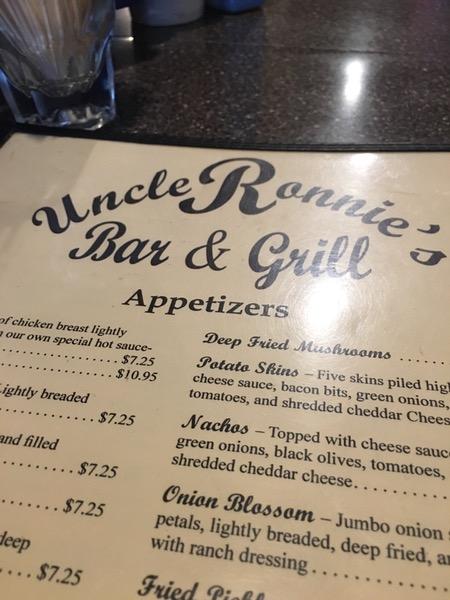 Menu at Uncle Ronnie's steakhouse, West Burlington