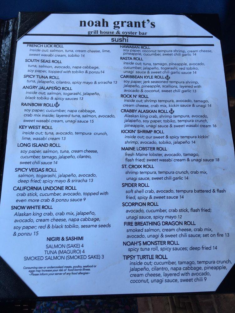 Menu at noah grant's grill house & oyster bar, Zionsville