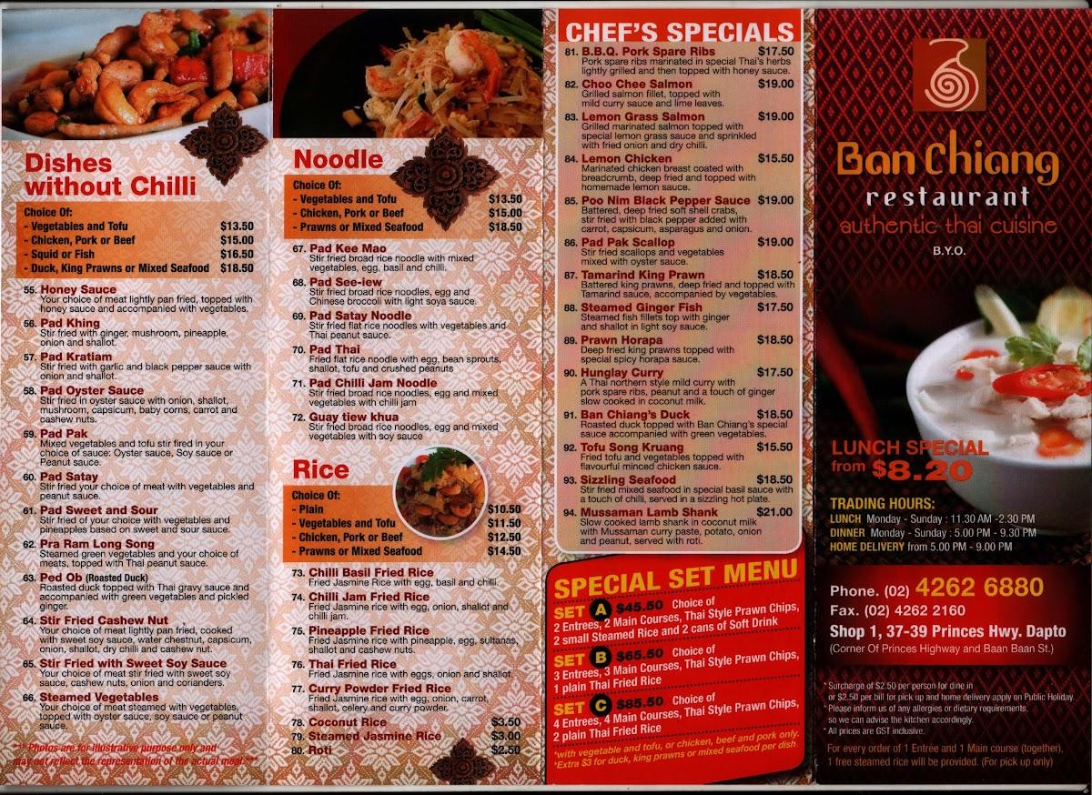 Menu at Ban chiang Restaurant, Dapto