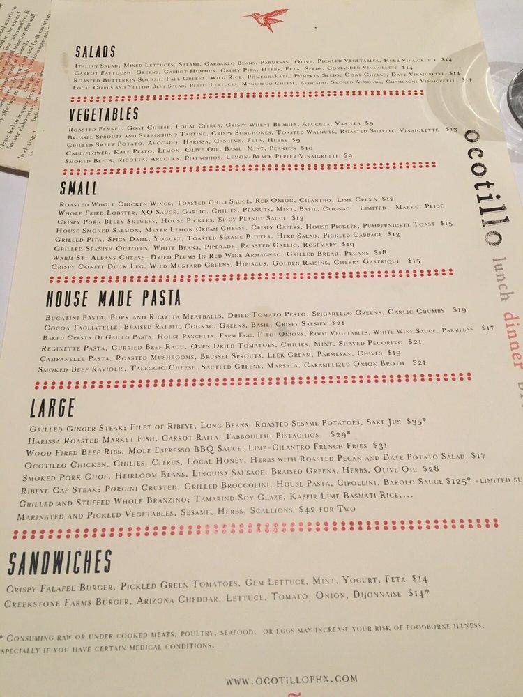Menu at Ocotillo pub & bar, Phoenix