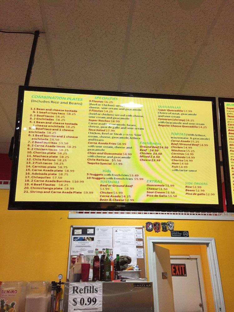 Menu at Los Burritos restaurant, Killeen