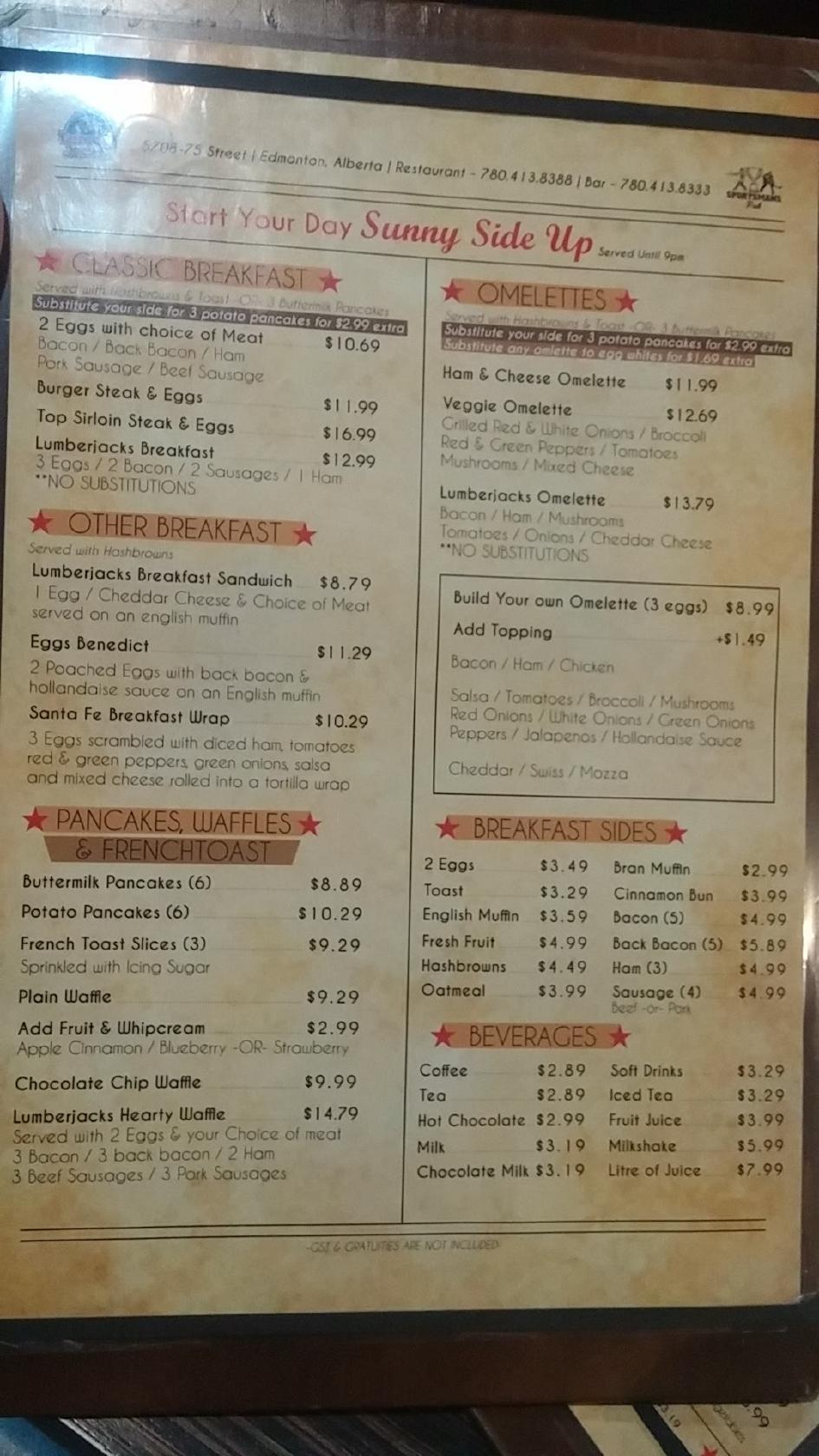 Menu at Lumberjack's Restaurant, Edmonton