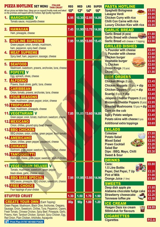 Menu at Pizza Hotline pizzeria, London, 157 Dulwich Rd