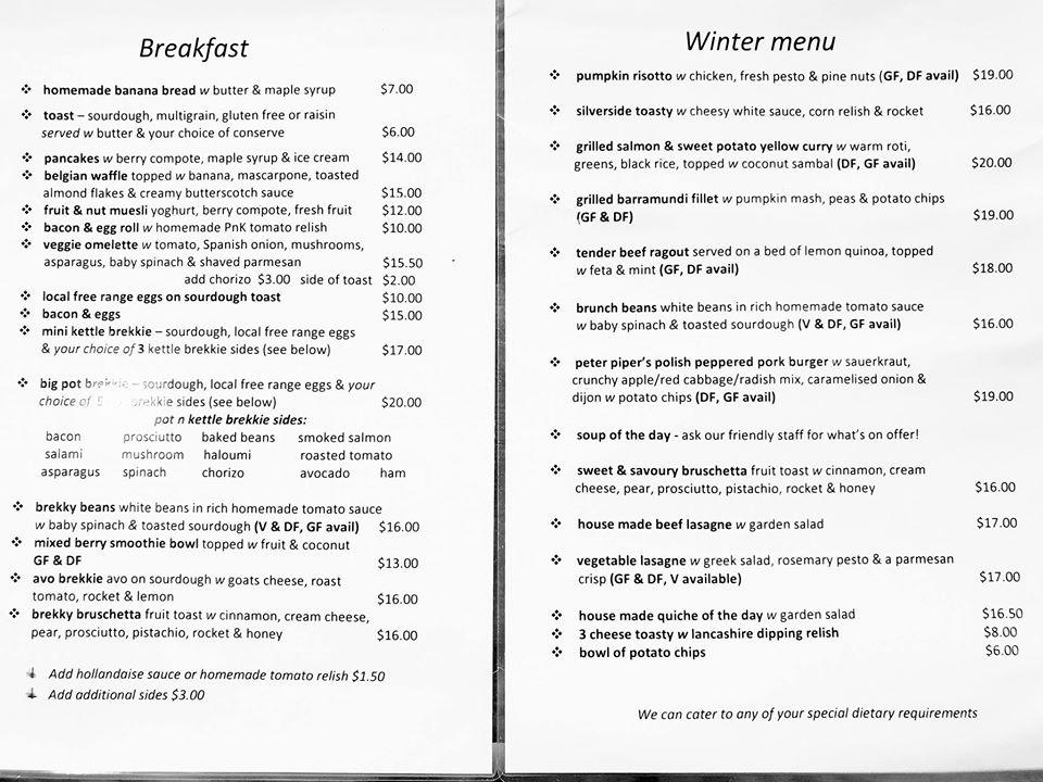 Menu at Pot 'n' Kettle Coffee House, Wagga Wagga