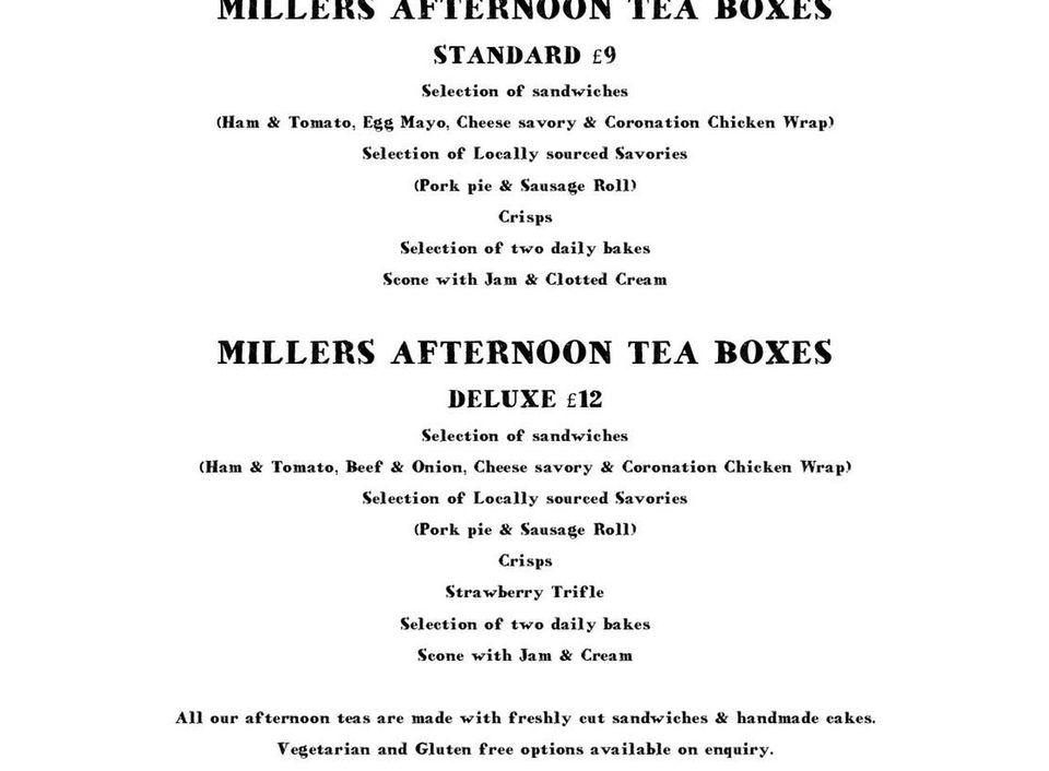 Menu at Millers Tea Room cafe, Barnsley