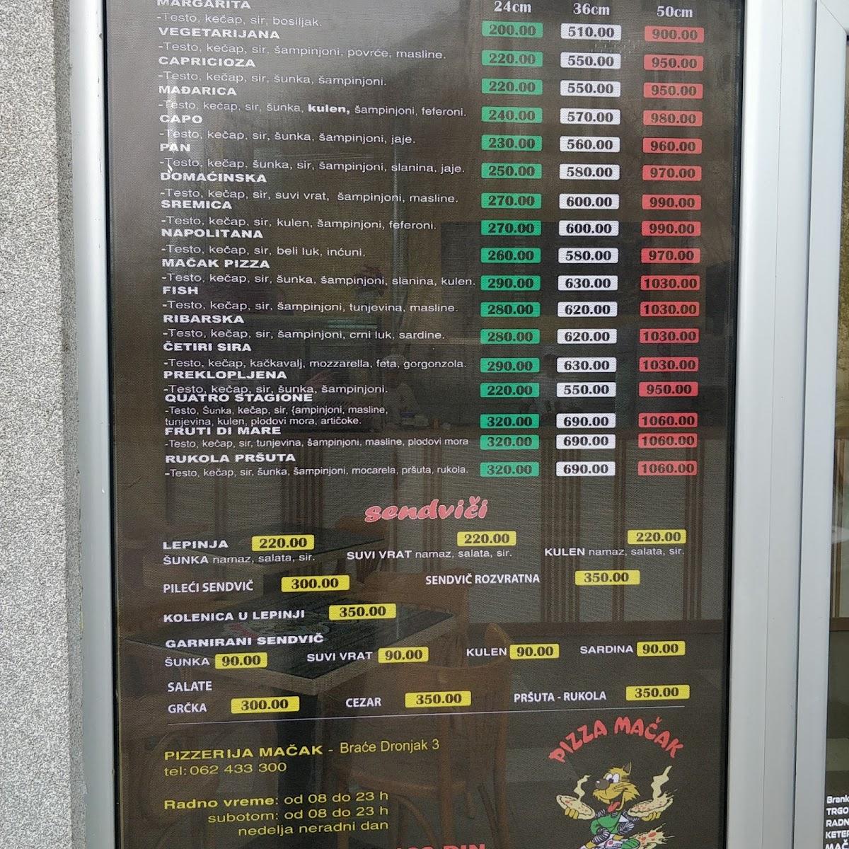 Menu at Picerija Mačak restaurant, Novi Sad, Braće Dronjak 3