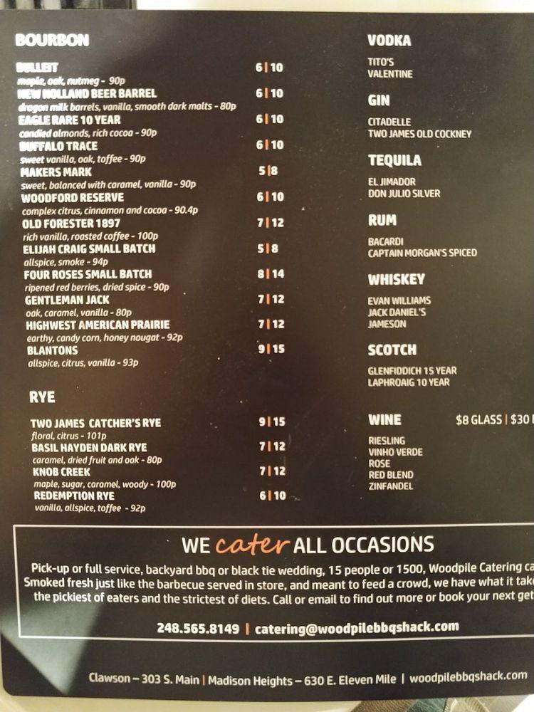 Menu at Woodpile BBQ, Madison Heights, 630 E Eleven Mile Rd