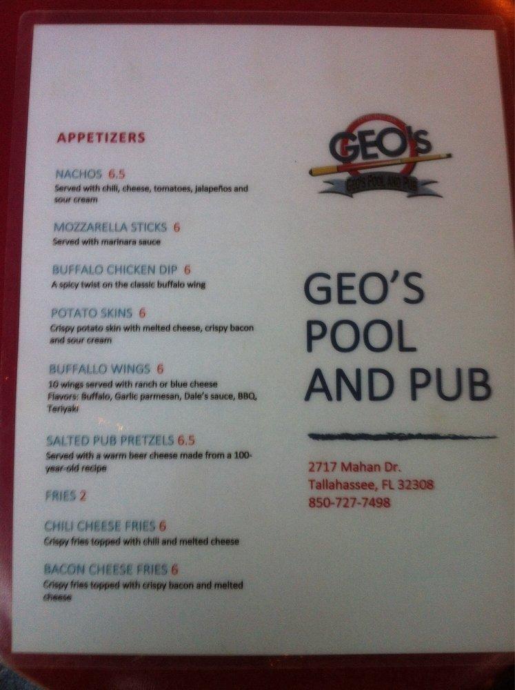 Menu at Geo's Pool And Pub, Tallahassee, Mahan Dr