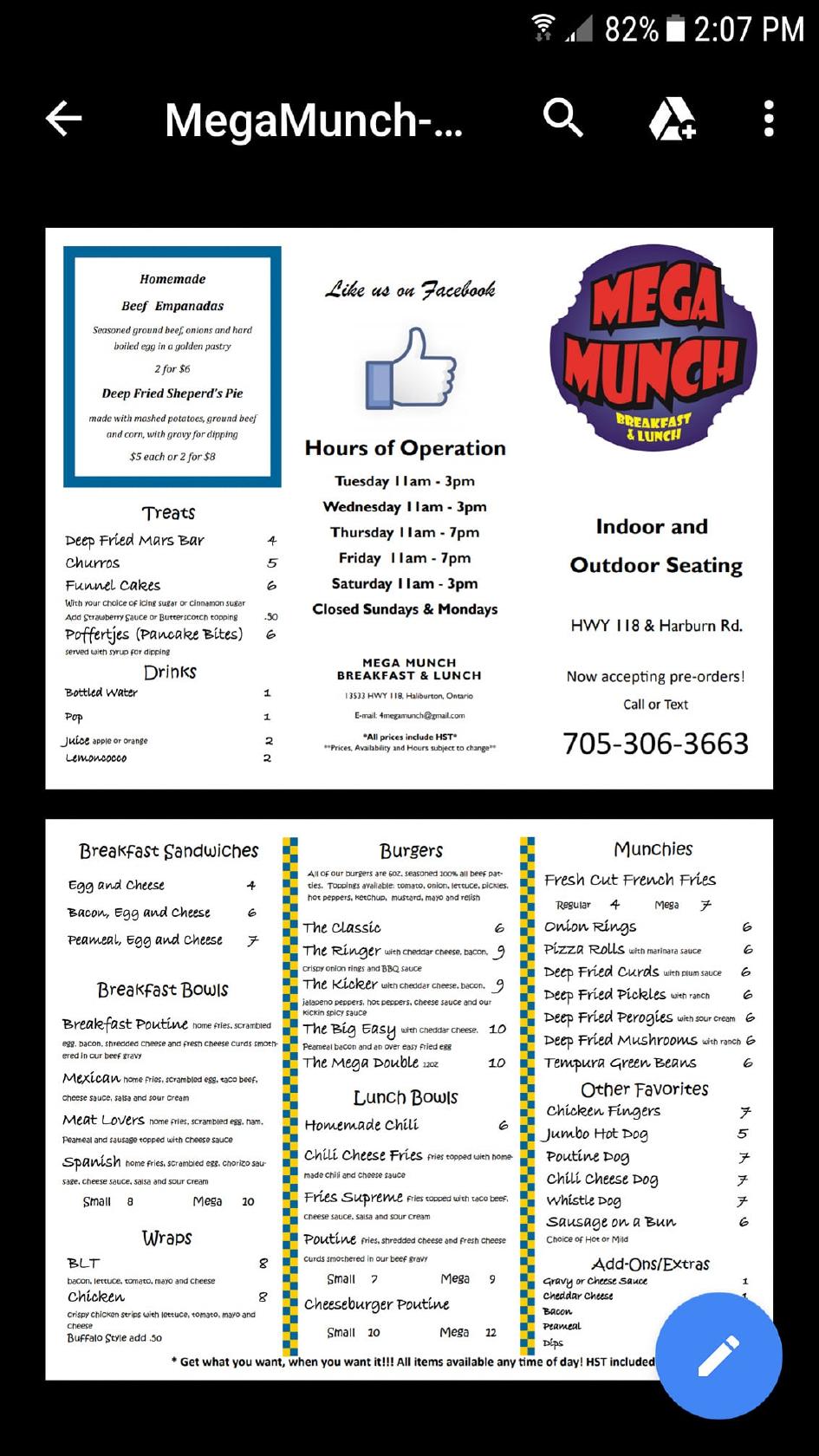 Menu at Mega Munch Food Truck restaurant, Haliburton