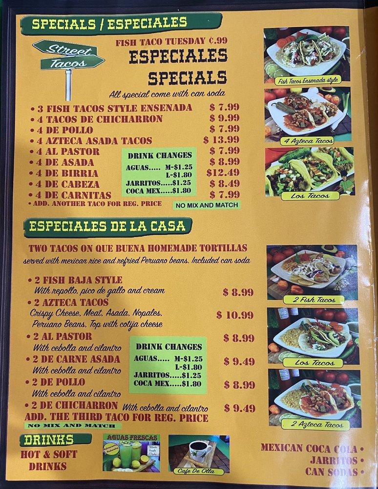 Menu at Que Buena Taqueria restaurant, Whittier