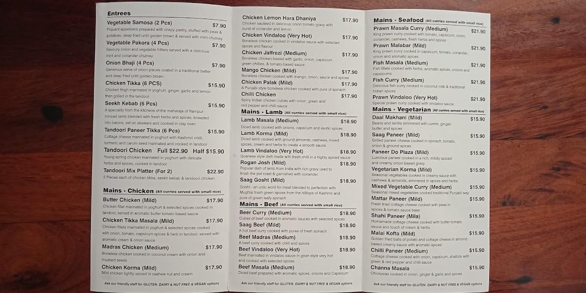 Menu at Waikerie curry house restaurant, Waikerie