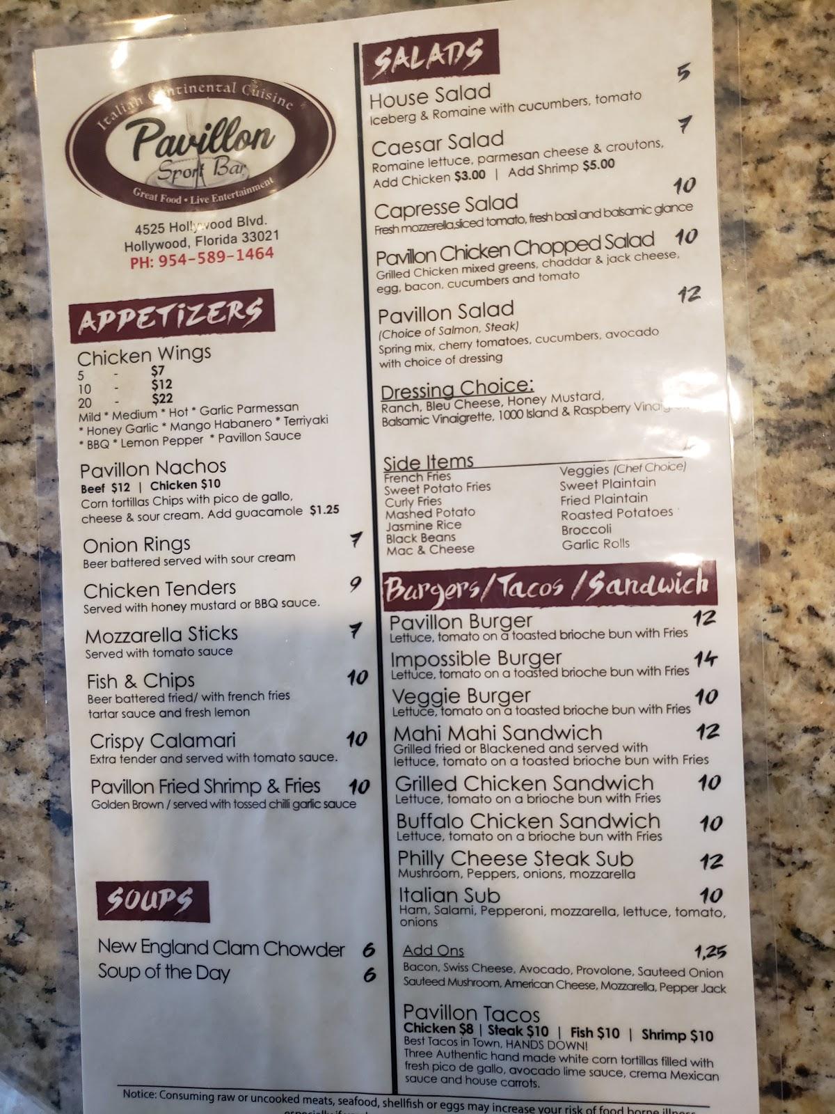 Menu at Pavillon Sports Bar, Hollywood