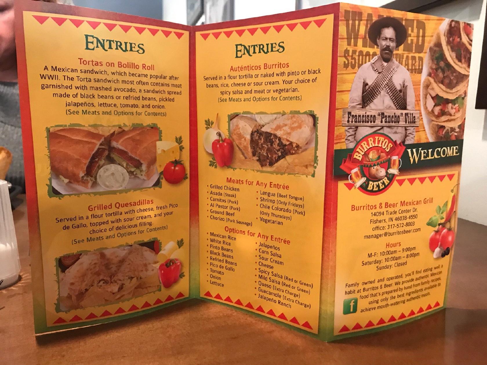 Menu at Burritos & Beer Restaurant, LLC, Fishers