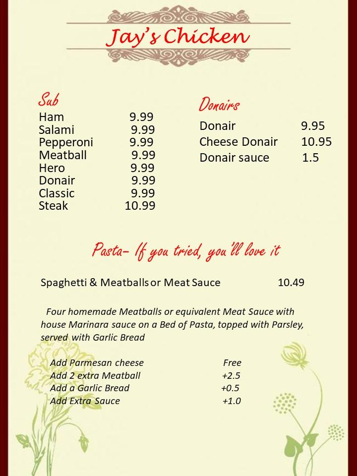 Menu at Jay's Chicken and Ribs restaurant, Glace Bay