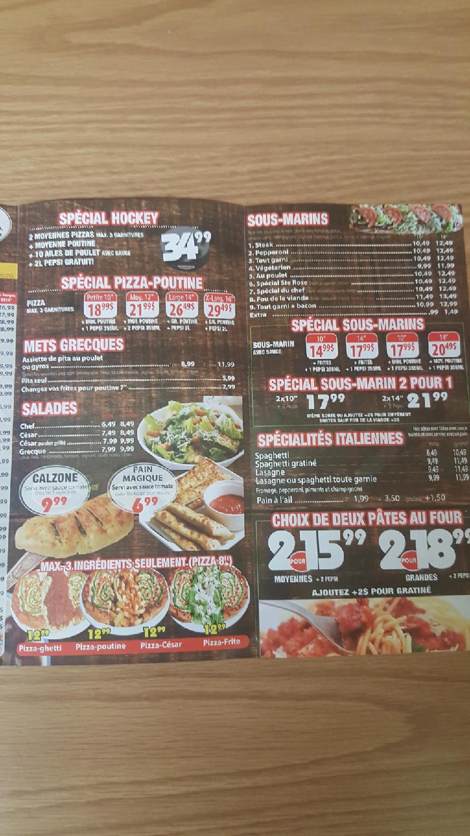 Menu au Pizza Sterose pizzeria, Laval