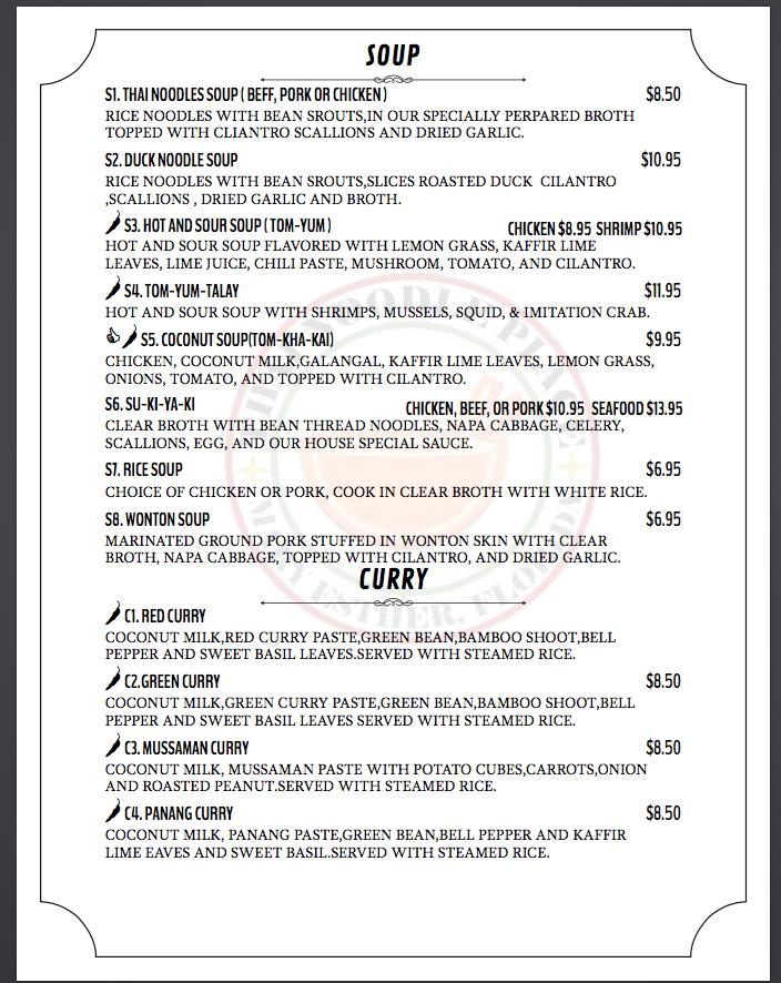 Menu at Thai Noodle Place restaurant, Fort Walton Beach