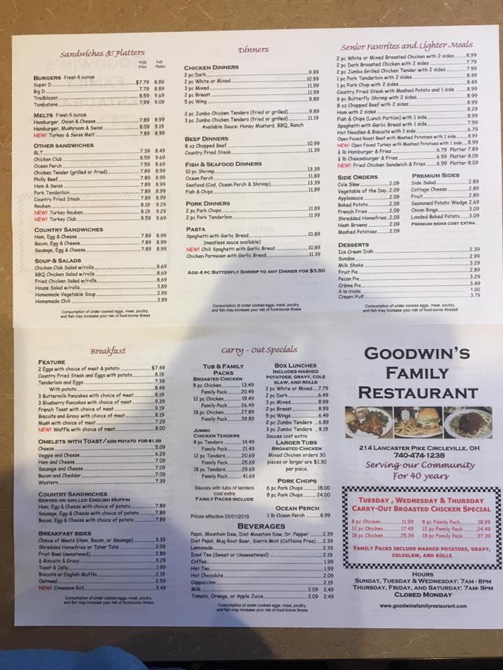 Menu at Goodwin's Family Restaurant, Circleville