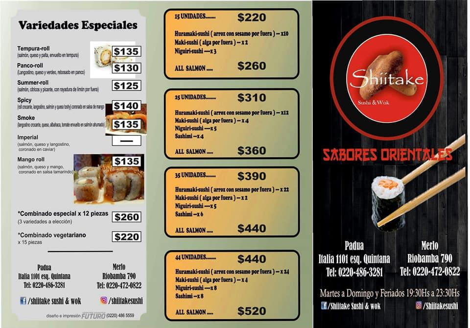 Carta del restaurante Shiitake, San Antonio del Padua