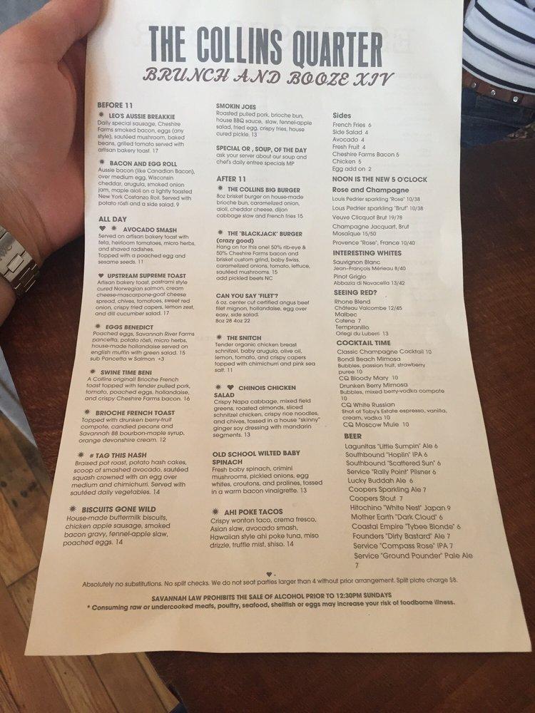 Menu at The Collins Quarter cafe, Savannah, 151 Bull St