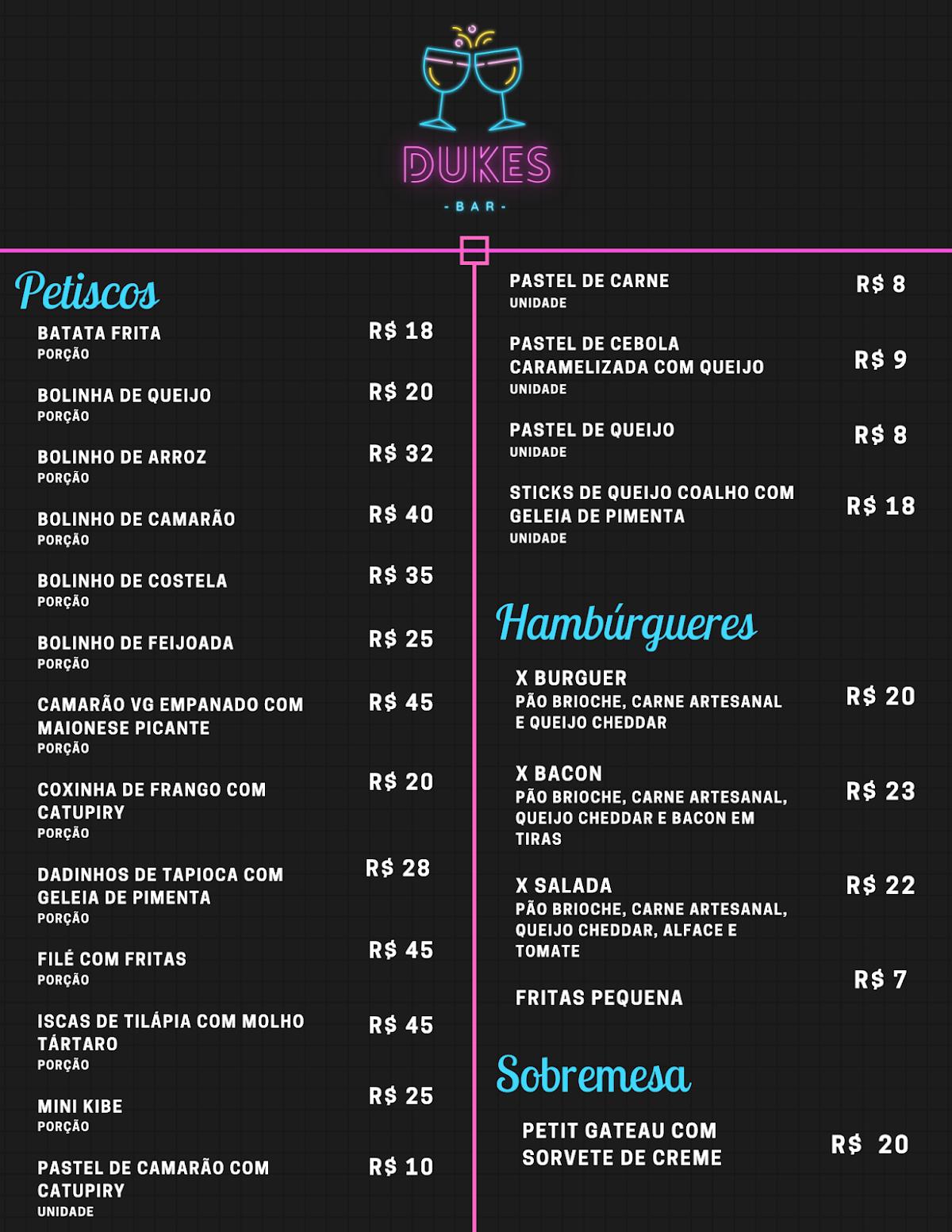 Menu at Dukes Bar, Campos