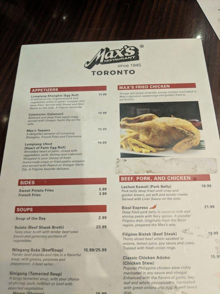Menu at Max's Restaurant, Cuisine of the Philippines, Vaughan, Vaughan