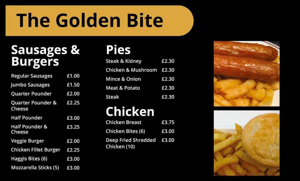 Menu at Golden Bite fast food, Boroughbridge