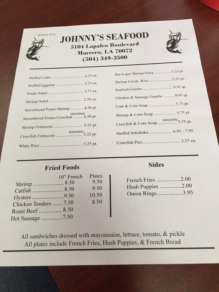 Menu at Johnny's Seafood restaurant, Marrero