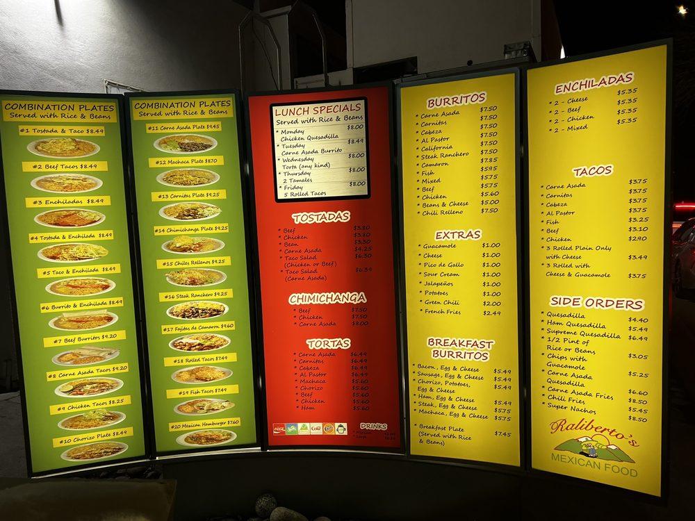 Menu at Raliberto's Mexican Food restaurant, Wheat Ridge, Wadsworth Blvd
