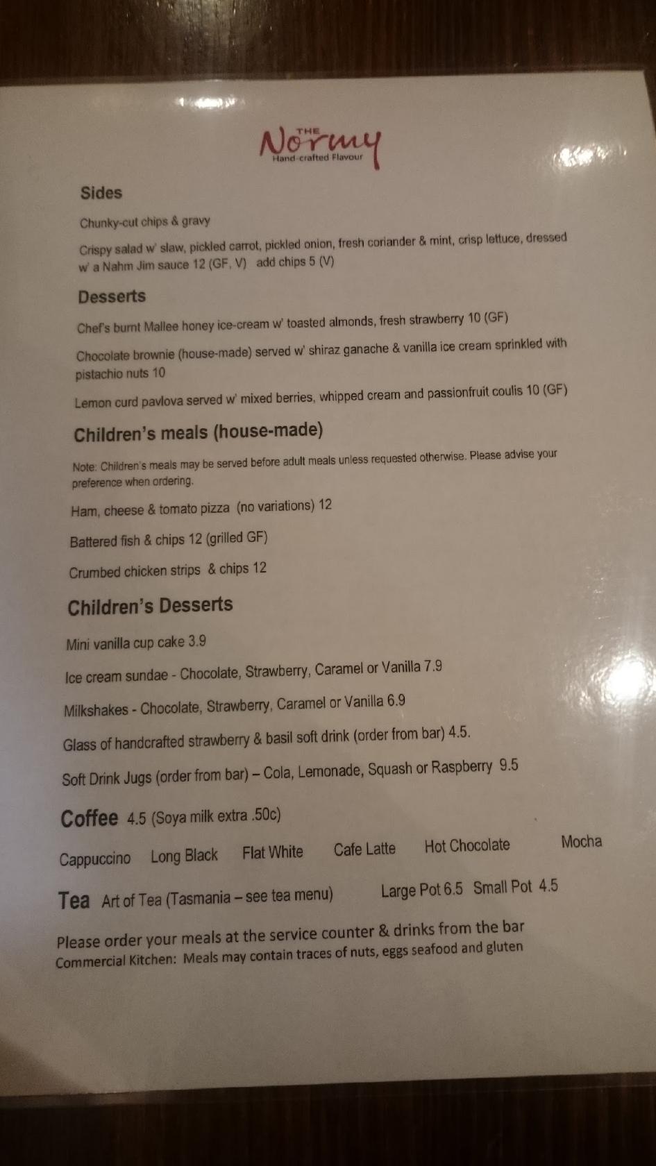 Menu at The Normanville Hotel restaurant, Normanville