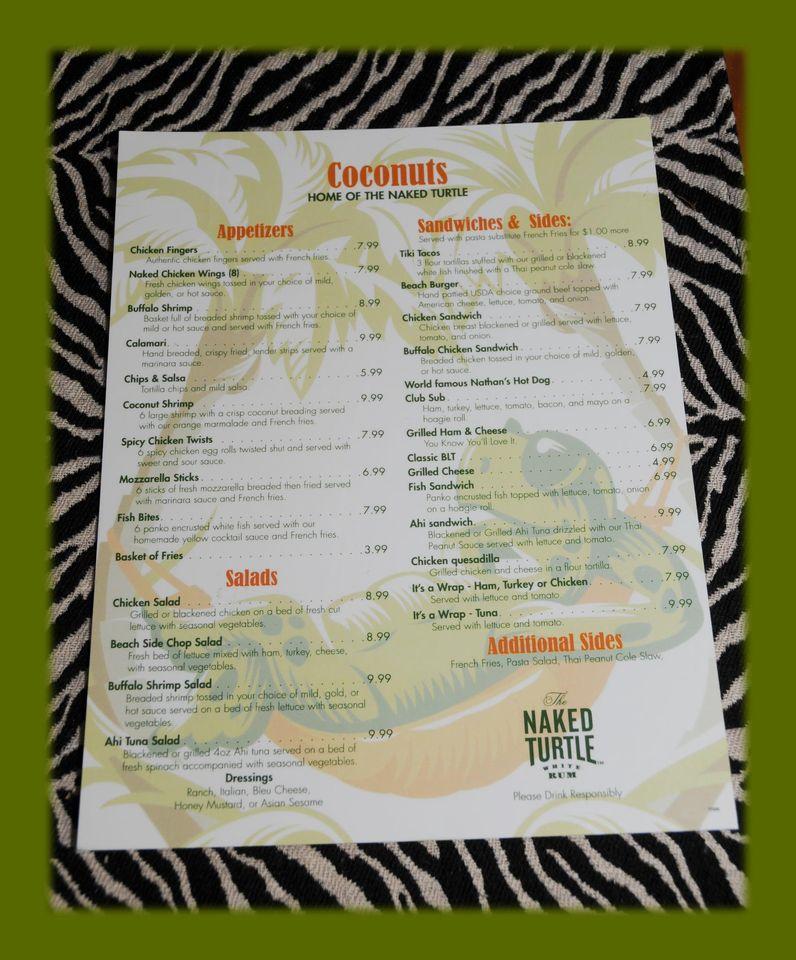 Menu at Coconuts Tiki Bar, North Myrtle Beach