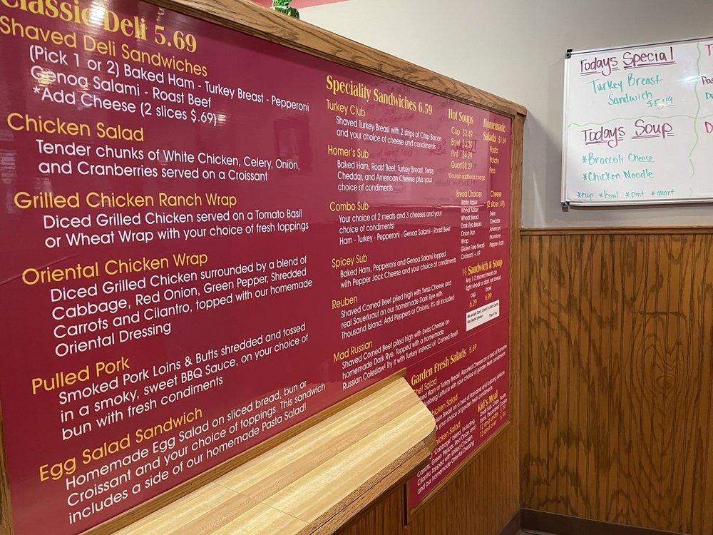 Menu at Homer's Deli And Sweetheart Bakery, Clinton